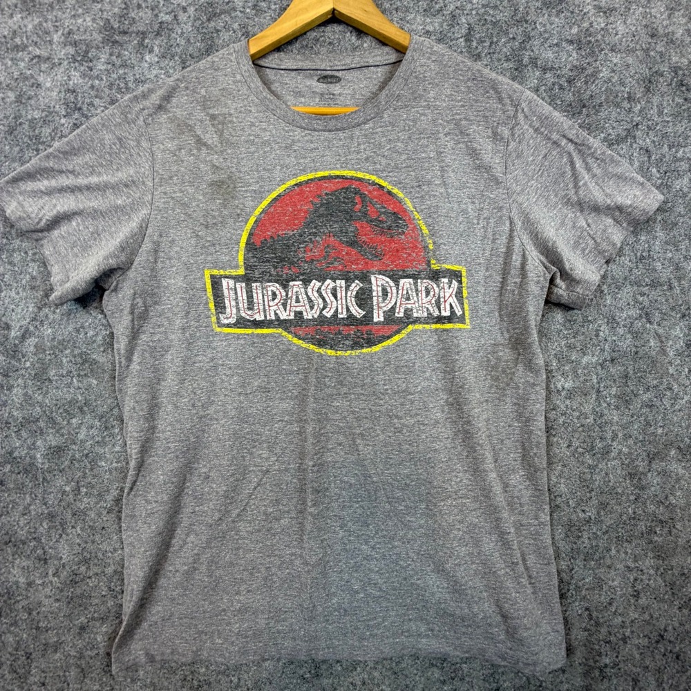 Jurassic Park‎ Graphic Tee Mens L Gray Distressed Logo Short Sleeve T-Shirt